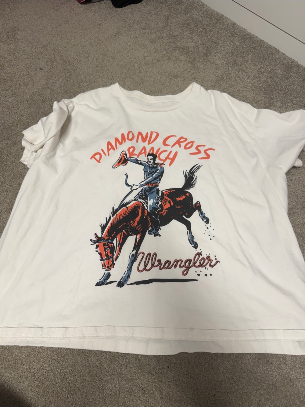 Wrangler White Short Sleeve Graphic Rodeo Tee with Orange & Navy Print